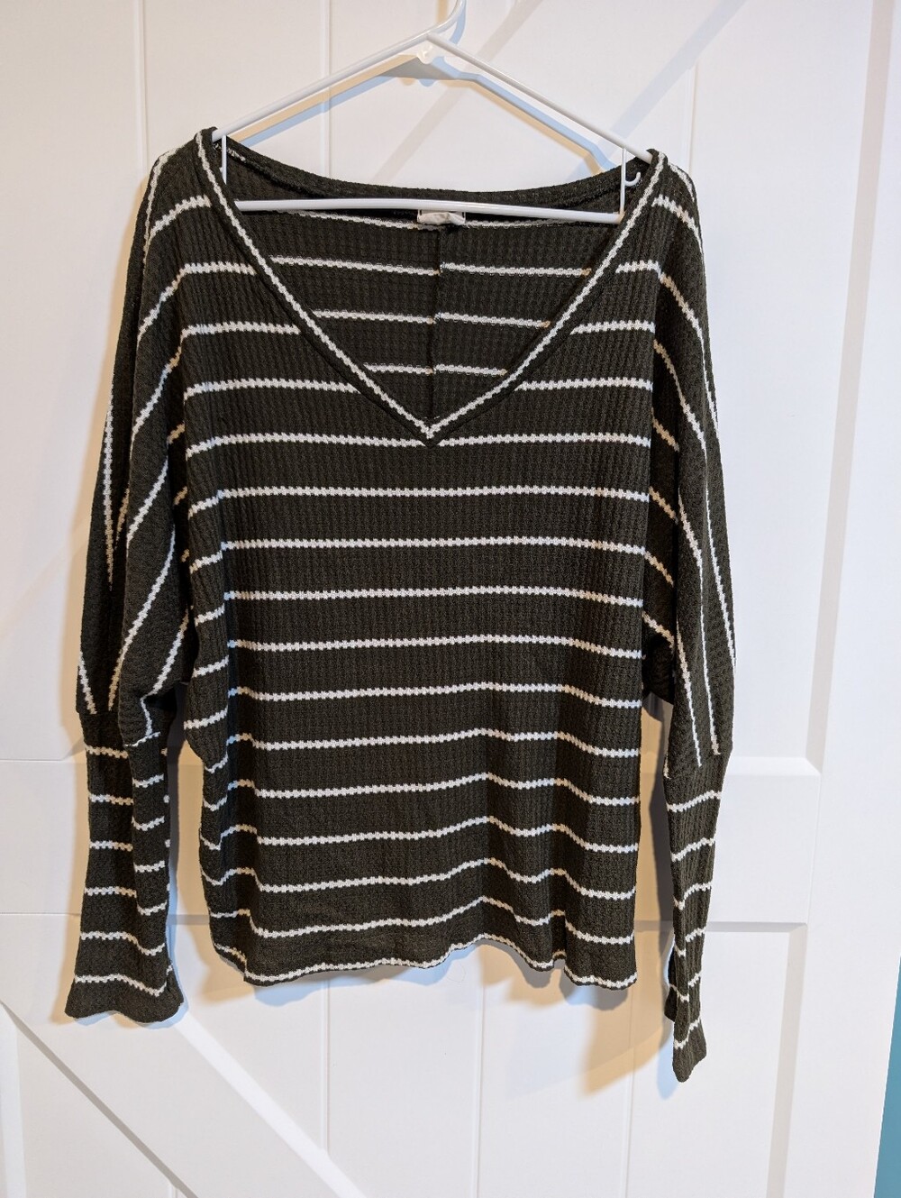 BiBi Olive Green and White Striped V-Neck Long Sleeve Top
